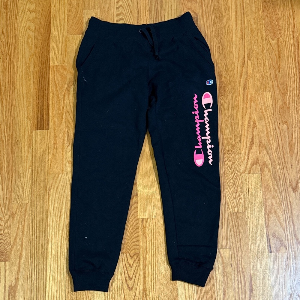 Champion Kids Black Sweatpants with Pink Logo